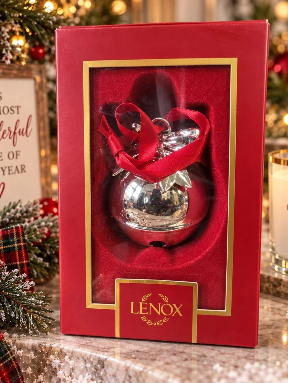 Lenox 2025 Silver Bell Christmas Ornament Red Ribbon Boxed Keepsake, NWT